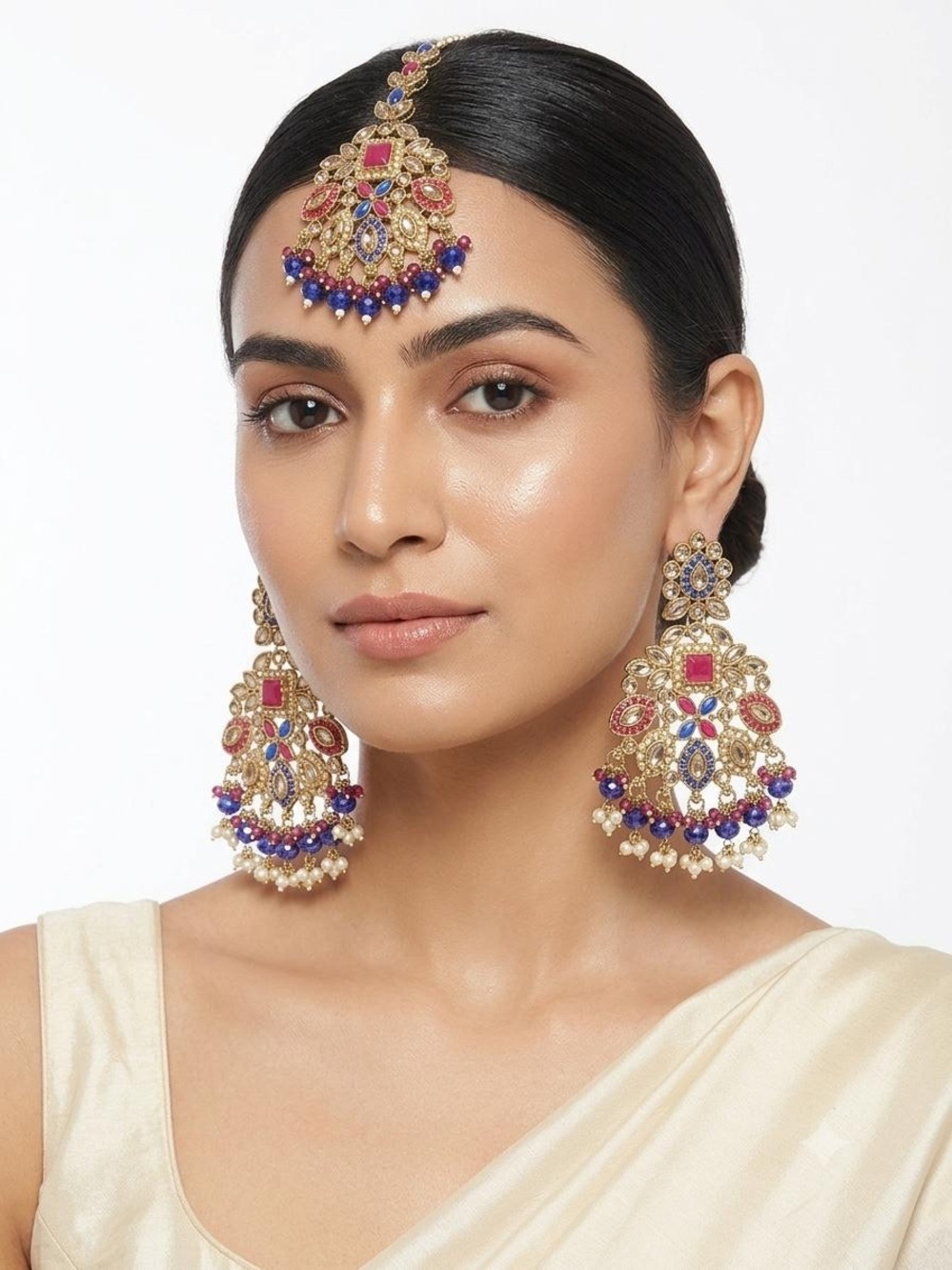 Traditional Gold-Tone Pink & Blue Statement Earring and Maang Tikka Set